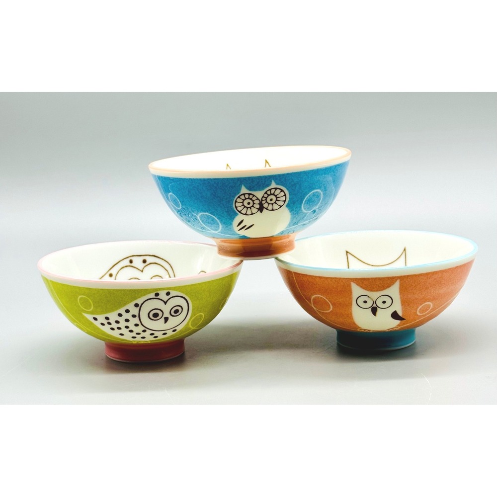 Jewel Rice Bowl Owl Pattern Ceramic Made in Japan Green Pink Blue Set of 3